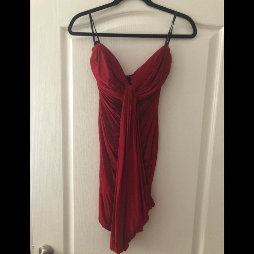 Strapless, low back, Red Bebe silky dress